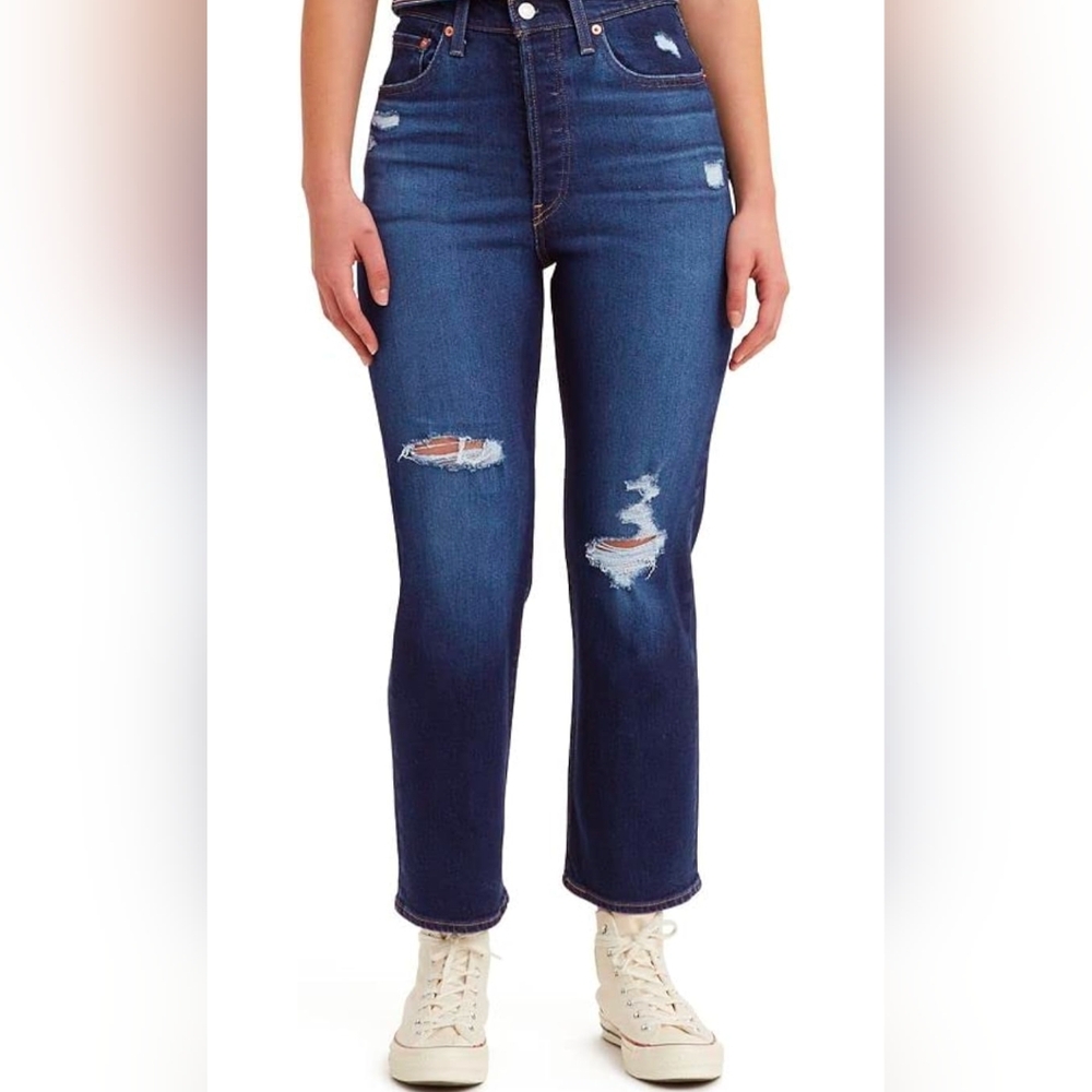 Levi's Ribcage Straight Ankle Jeans Distressed Indigo Button Fly